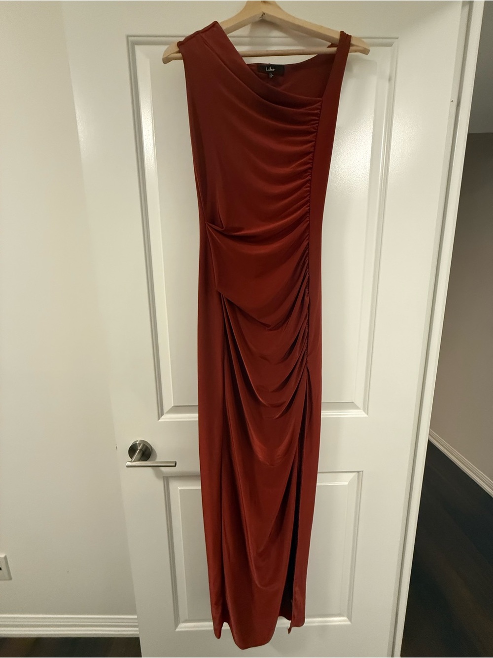 One-Shoulder Draped Maxi Dress in Rust Orange